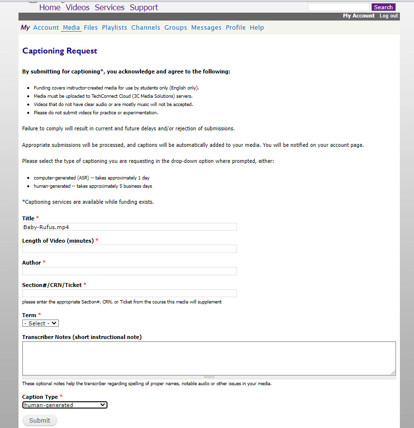 The 3C Media captioning form asks for title, video lenght, author, CRN, term , notes and caption type