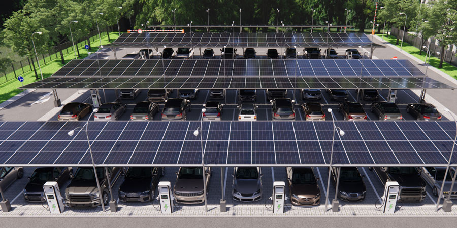 Generic conceptual rendering of solar panels over a parking lot