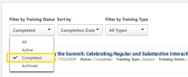 in the upper left corner of an individual transcript, select "Completed" from the pull down menu to see completed professional learning activities. 