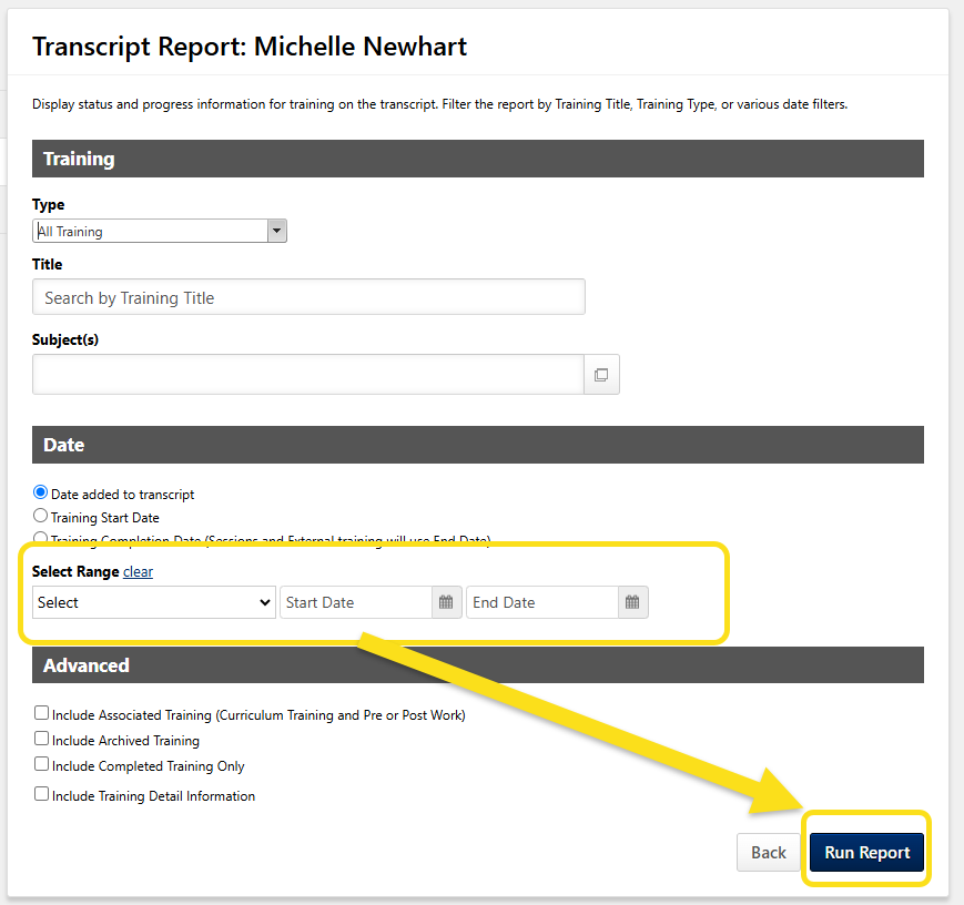 transcript report selection opens a pop-up window with options to filter what is included in the report.