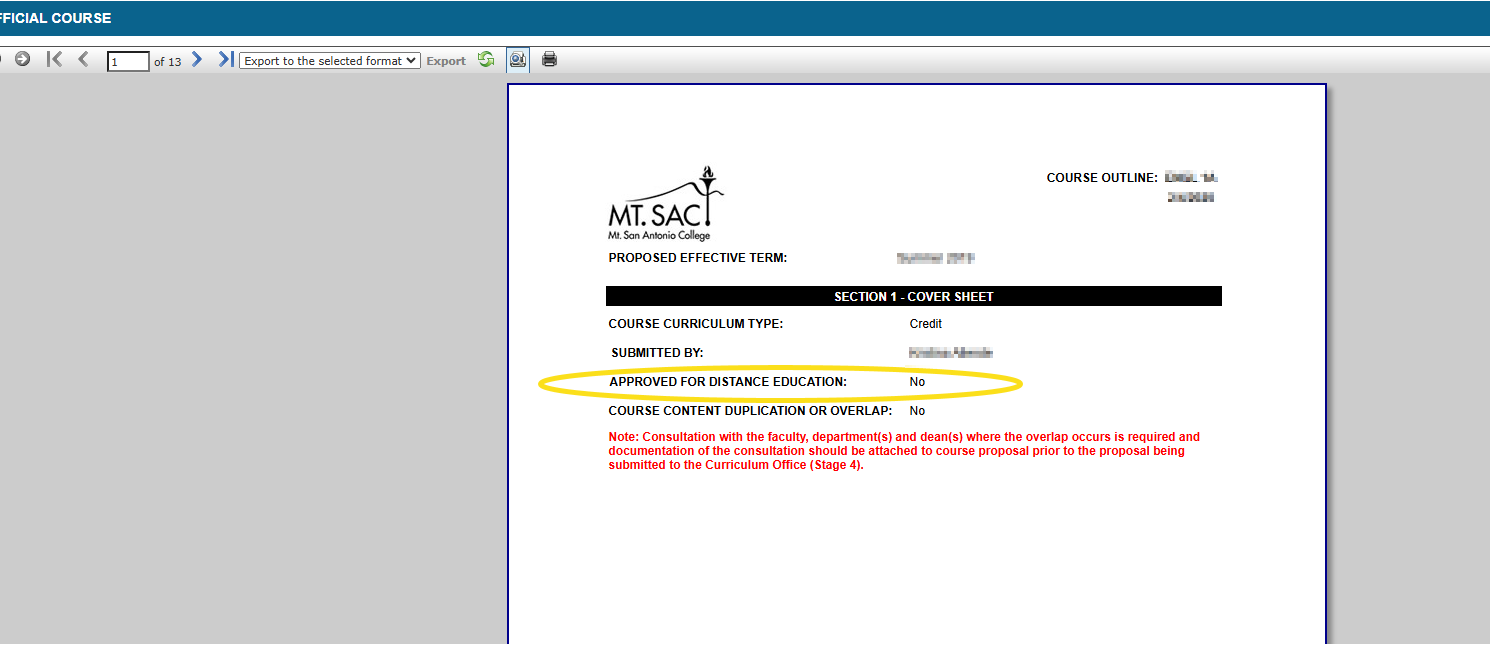 An example form shows that the third line answer yes or no for "approved for distance education"