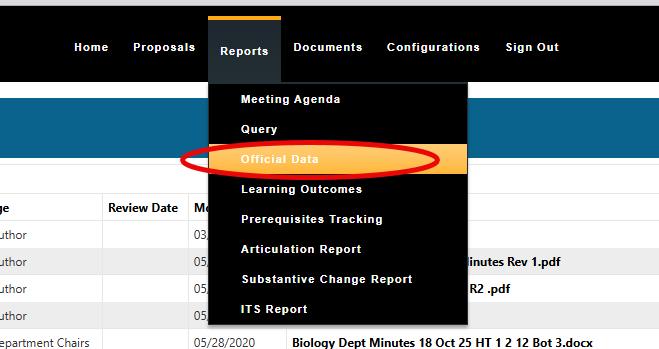 Select Official Data from the Reports tab at top