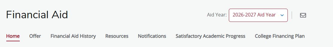 Financial Aid Menu Bar, individual descriptions in the accordions below for each tab.