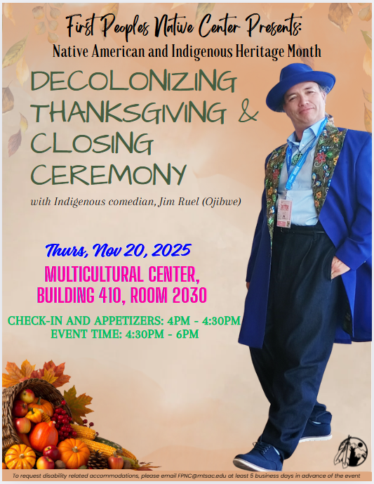 decolonizing thanksgiving flyer; image of jim ruel comedian