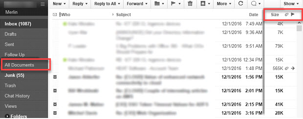 screen shot of Lotus Notes email filtered by size