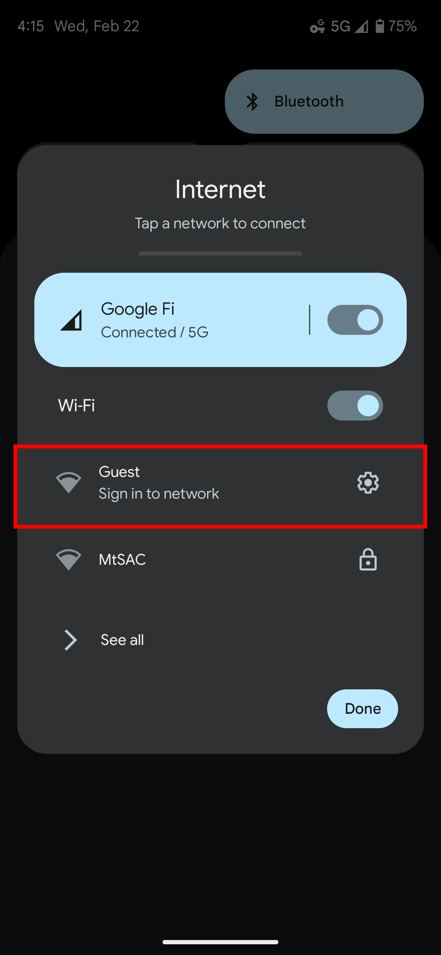 Android screen with the Guest network highlighted