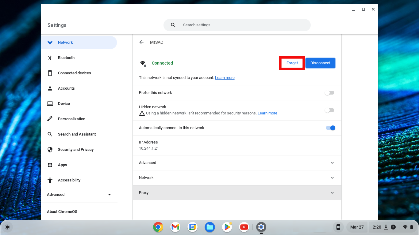 ChromeOS desktop with the Network settings menu open and the Forget button highlighted