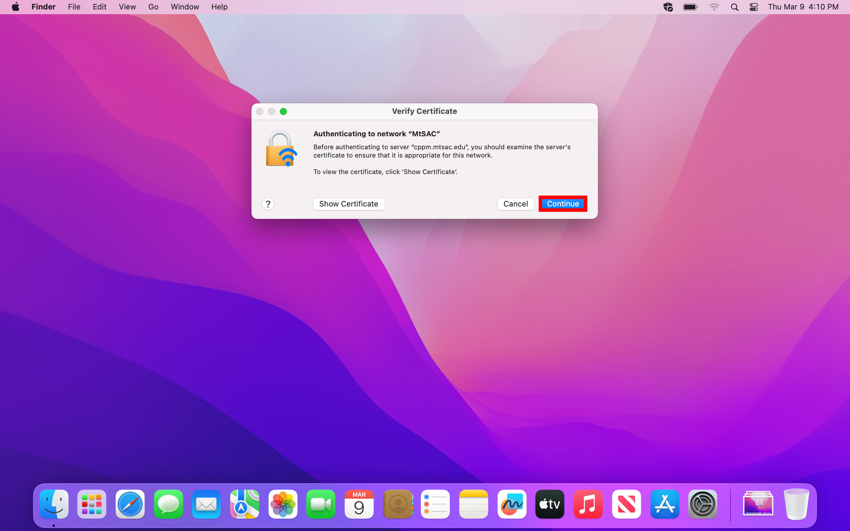 MacOS with the Verify Certificate menu displayed, the Continue button is highlighted.