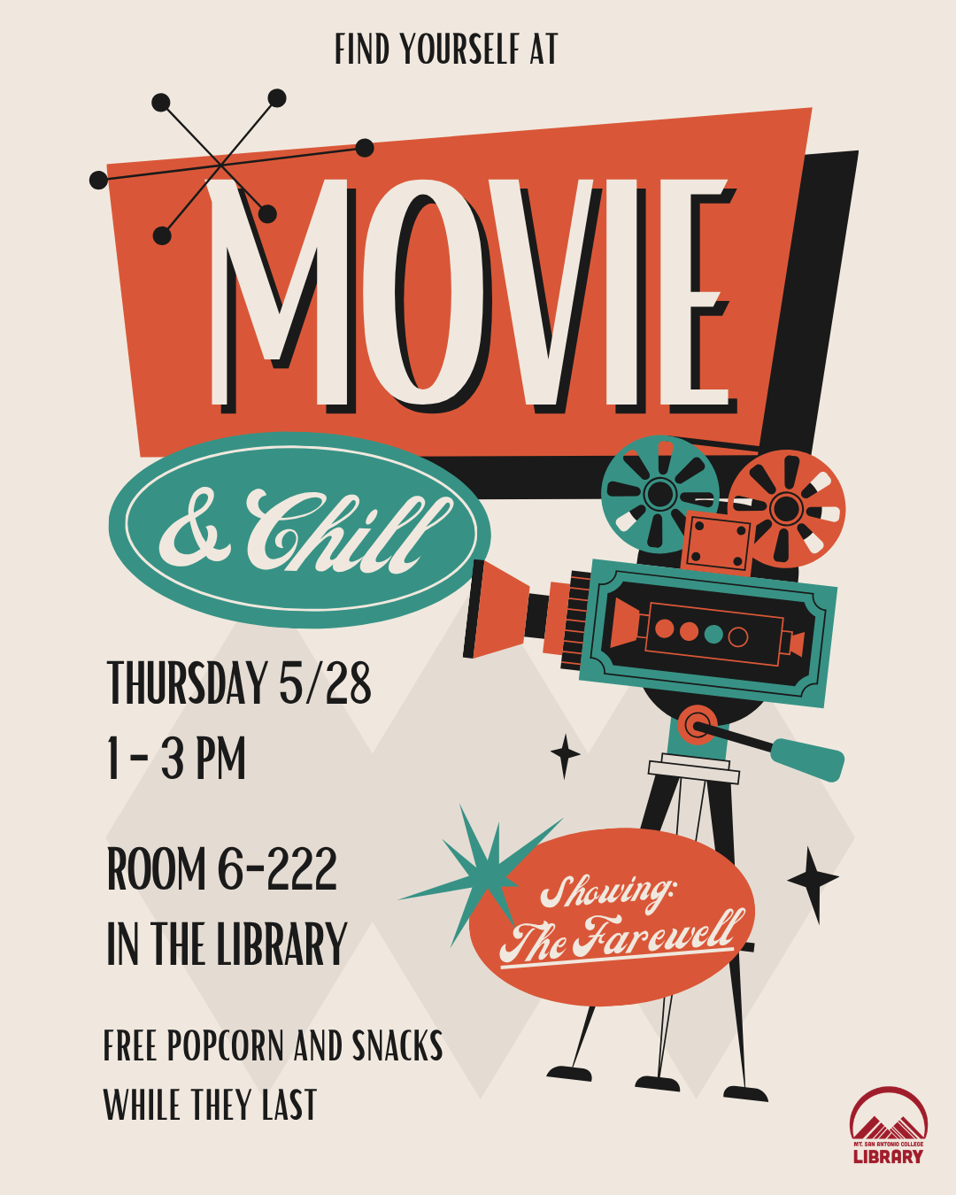 Movie & Chill, Thurs., 5/28, 1-3pm in library 6-222