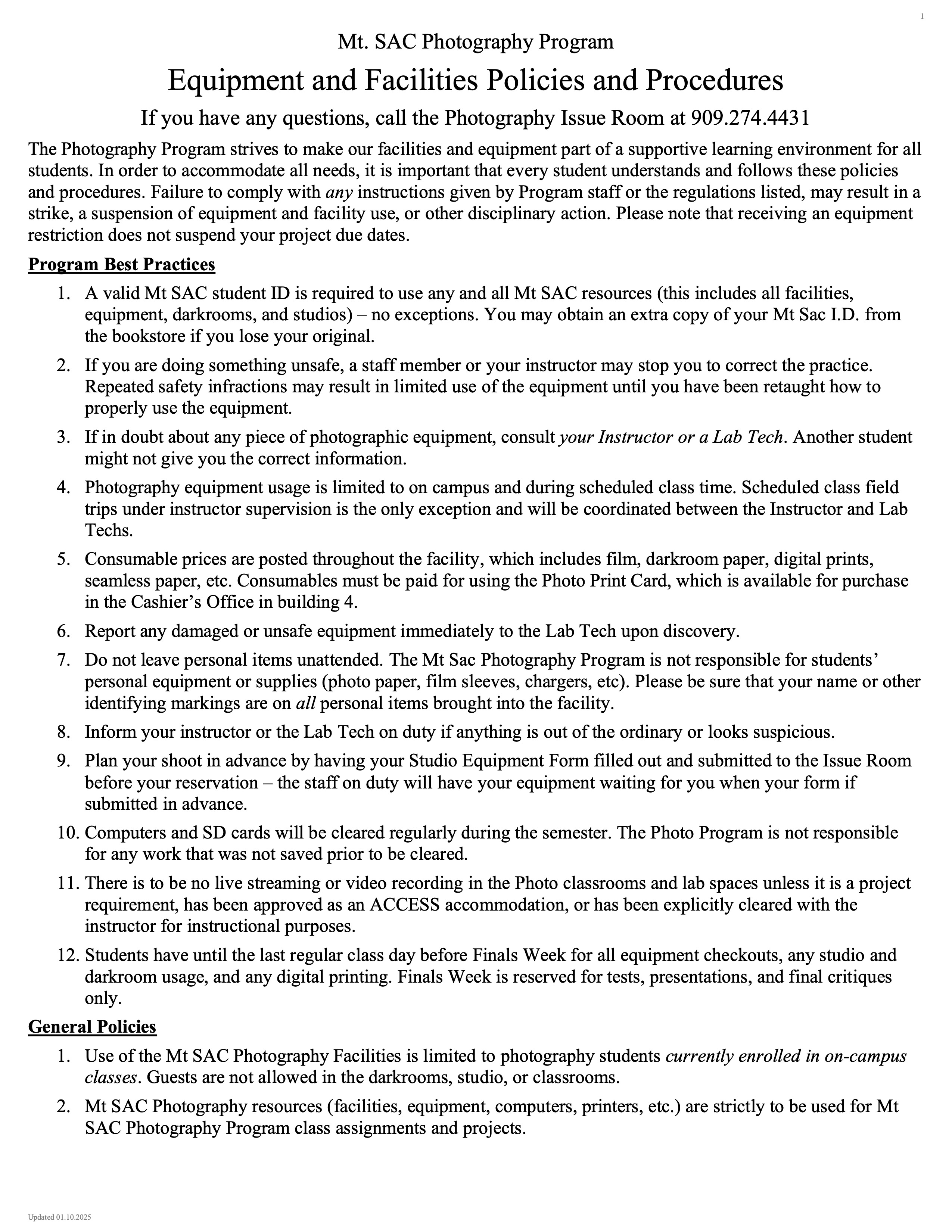 Photography Program Policies Spring 2025