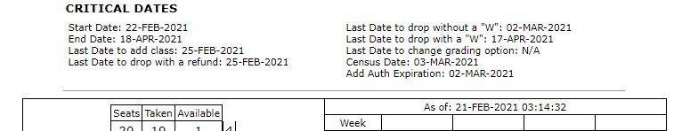 Picture of the top of a class roster with the critical semester dates listed