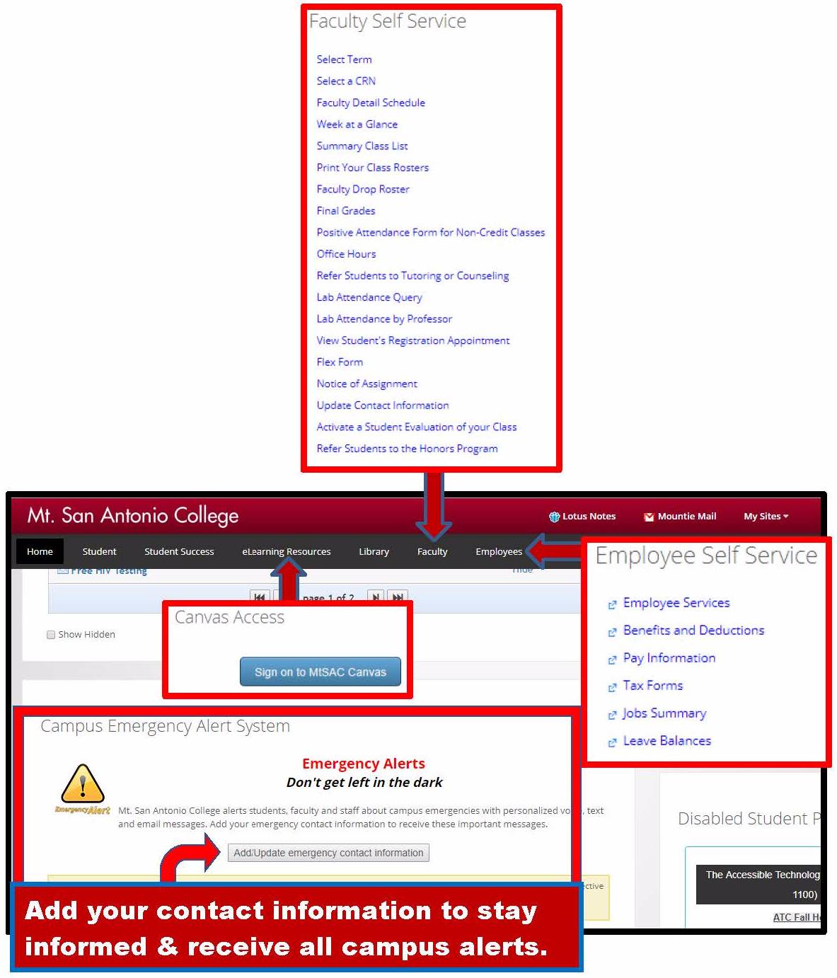 Picture of the menu options for Mt. SAC's portal