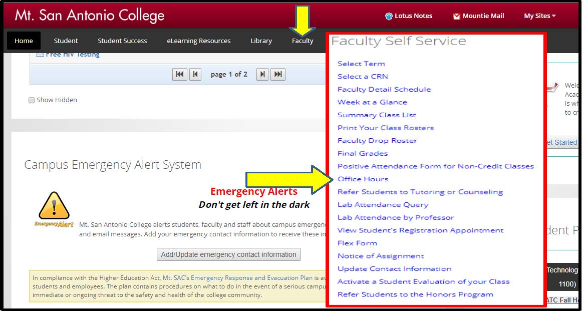 picture of the mt. sac portal with an arrow pointing to faculty and an arrow pointing to the drop down menu and the link labeled office hours