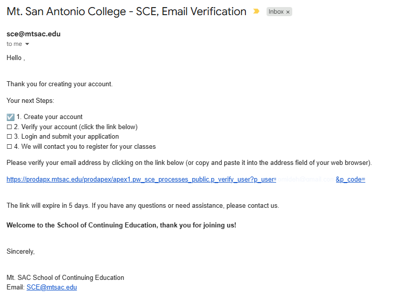 Example of the email verification message with link