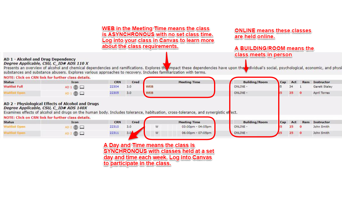 In the image below, students can see that ONLINE classes show “ONLINE” under Building/Room. If there is a meeting time, the class meets at that day and time each week. If the meeting time says WEB, there is no set class time. 