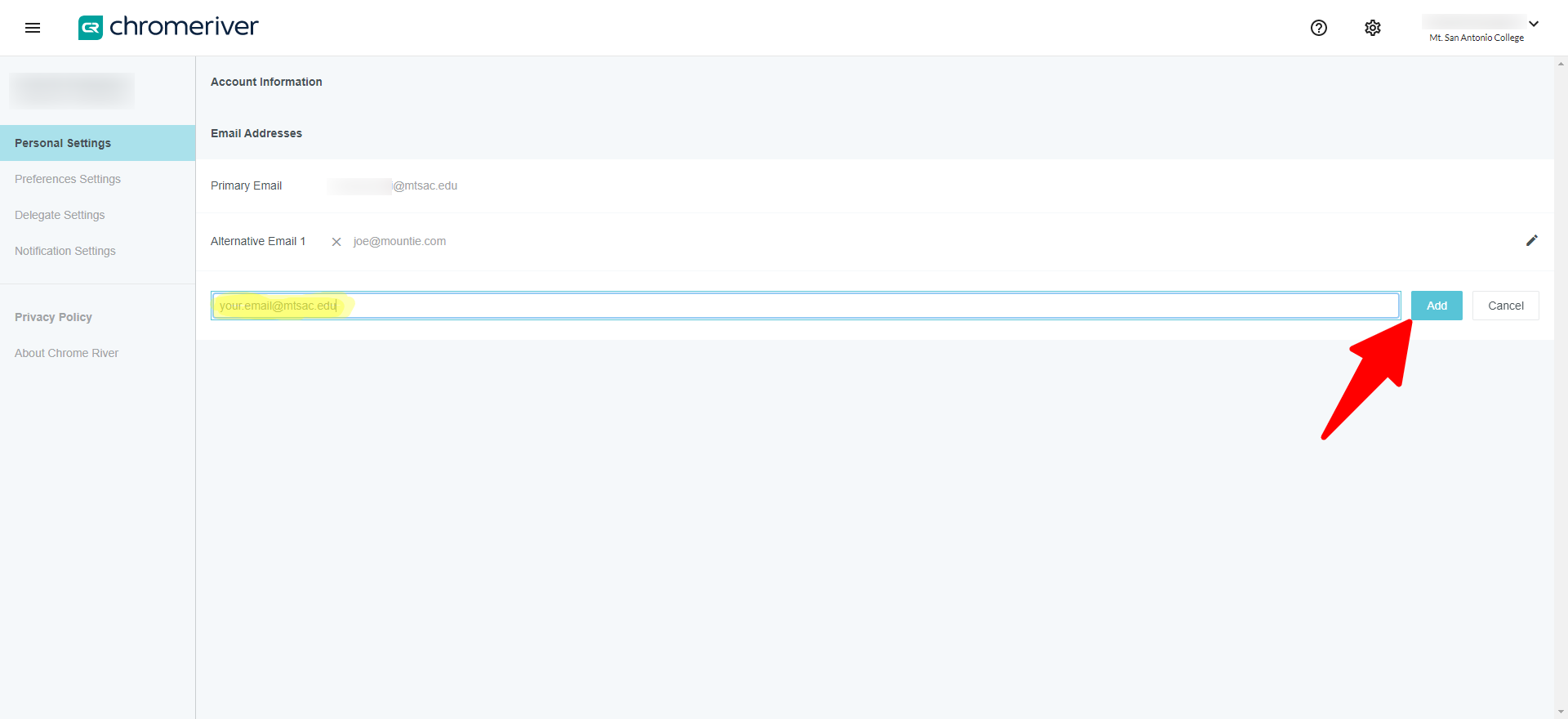 Chrome River Account Page with your.email filled into the alternate email field and an arrow pointing at the Add button